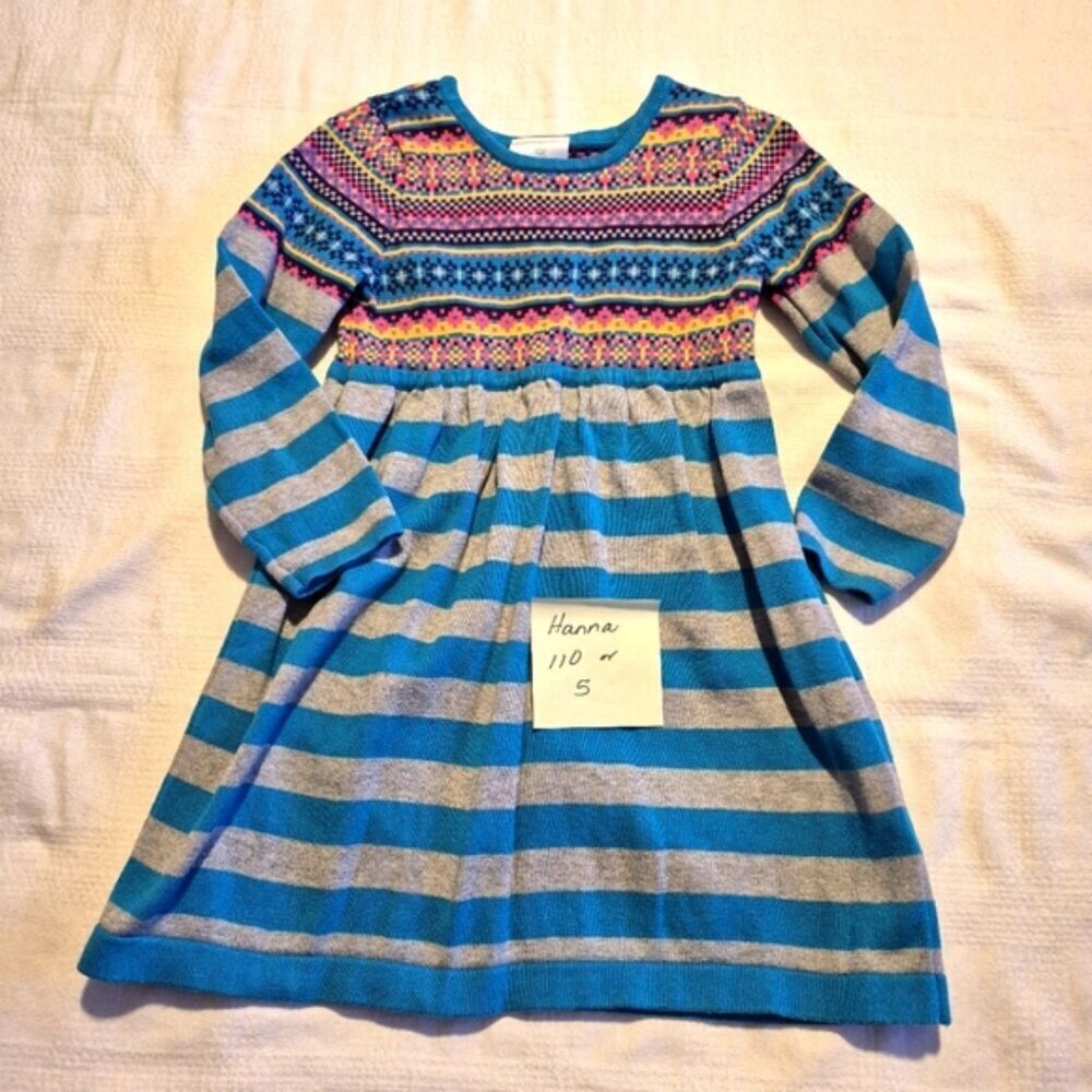 Hanna Andersson girls size 110 or 5 sweater dress gray & teal with designed top